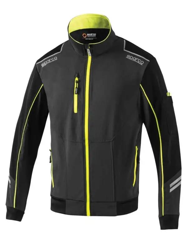 Giacca Antivento Light Shell Sparco nera con dettagli giallo fluo, zip frontale e riflettenti per alta visibilità. Perfetta per ogni condizione.