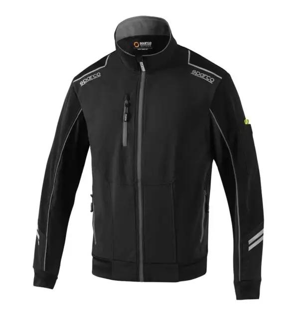 Giacca Antivento Light Shell Sparco nera con dettagli riflettenti e zip frontale, ideale per visibilità e protezione. Design moderno e resistente.