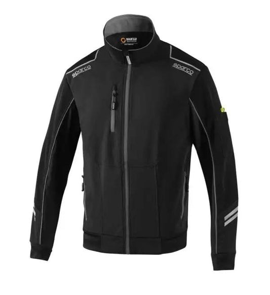 Giacca Antivento Light Shell Sparco nera con dettagli riflettenti e zip frontale, ideale per visibilità e protezione. Design moderno e resistente.