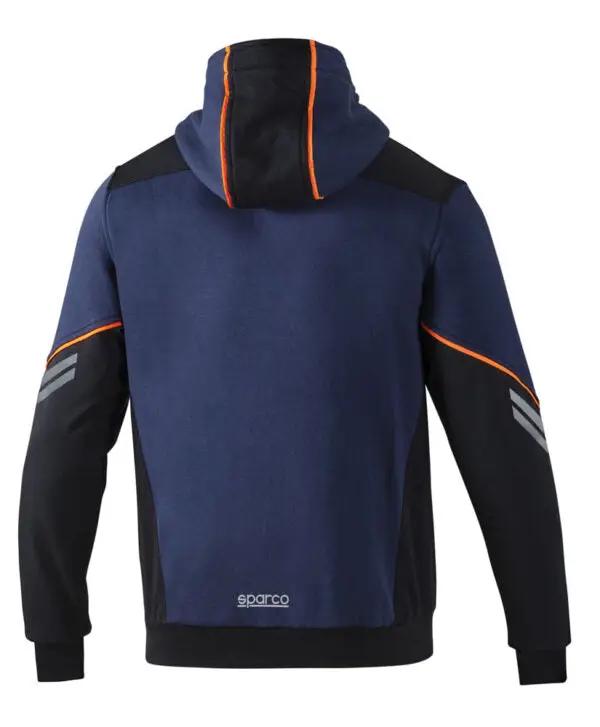 Retro della felpa con cappuccio Tech Hooded Sparco blu con dettagli arancioni e strisce riflettenti. Design ergonomico e resistente.