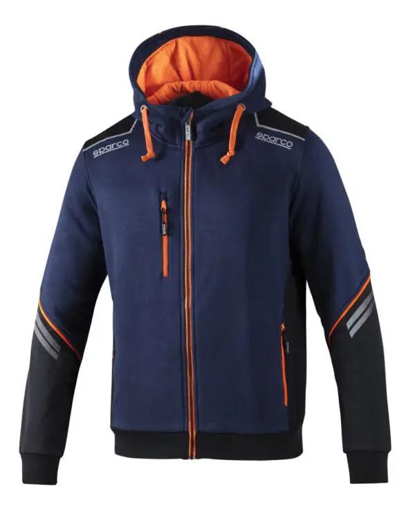 Felpa con cappuccio Tech Hooded Sparco blu con dettagli arancioni, strisce riflettenti e maniche rinforzate. Perfetta per un look casual e funzionale.