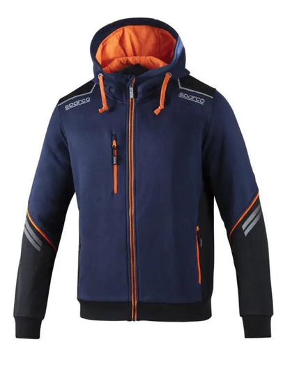 Felpa con cappuccio Tech Hooded Sparco blu con dettagli arancioni, strisce riflettenti e maniche rinforzate. Perfetta per un look casual e funzionale.