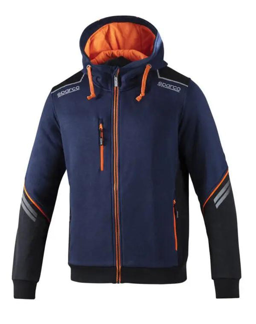 Felpa con cappuccio Tech Hooded Sparco blu con dettagli arancioni, strisce riflettenti e maniche rinforzate. Perfetta per un look casual e funzionale.
