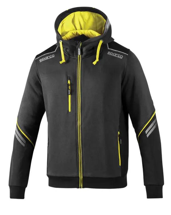 Felpa con cappuccio Tech Hooded Sparco grigia con dettagli gialli, strisce riflettenti e cappuccio regolabile. Ideale per comfort e stile sportivo.