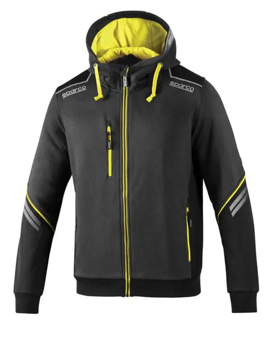 Felpa con cappuccio Tech Hooded Sparco grigia con dettagli gialli, strisce riflettenti e cappuccio regolabile. Ideale per comfort e stile sportivo.