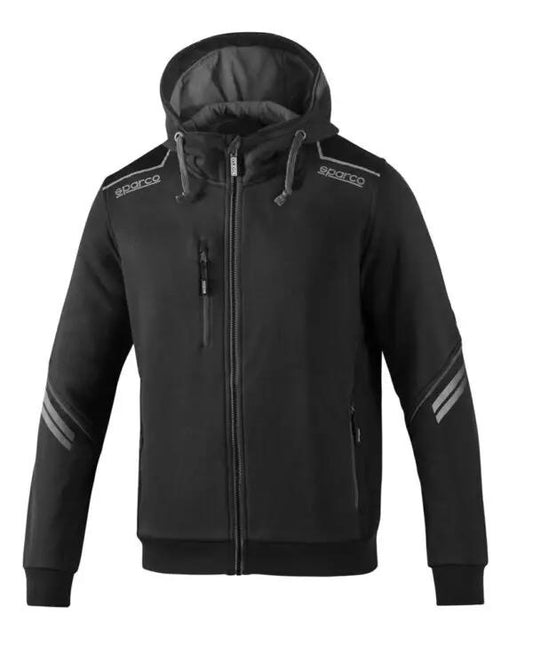 Felpa con cappuccio Tech Hooded Sparco nera con strisce riflettenti, maniche rinforzate e cappuccio regolabile. Design moderno e leggero da 280 gr/m2.