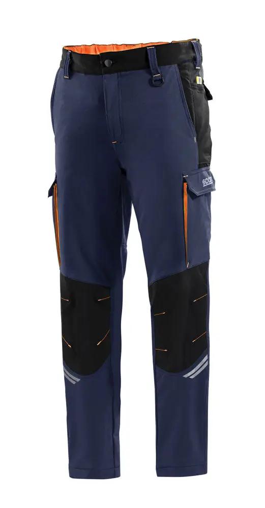Pantaloni Tech Trousers Sparco blu con inserti arancioni e rinforzi sulle ginocchia, progettati per durabilità e stile moderno.