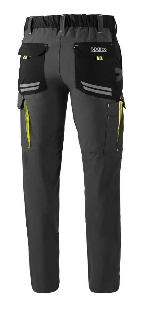 Retro dei Pantaloni Tech Trousers Sparco grigi con tasche funzionali e dettagli riflettenti per maggiore visibilità e praticità.