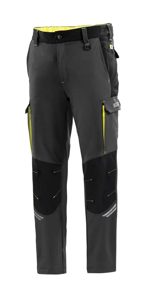 Pantaloni Tech Trousers Sparco grigi con dettagli giallo fluo, resistenti e leggeri, perfetti per comfort e protezione durante l'uso.