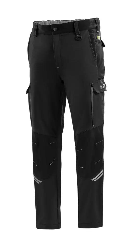 Pantaloni Tech Trousers Sparco neri con inserti antiabrasione sulle ginocchia e tasche laterali, ideali per lavoro e attività outdoor.