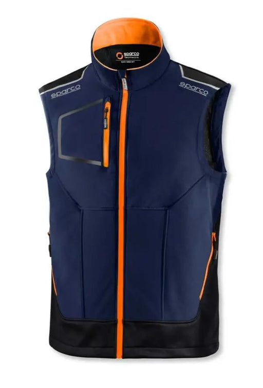 Gilet Tecnico Sparco Illinois blu con inserti rinforzati anti abrasione, dettagli riflettenti e chiusura zip arancione fluorescente.