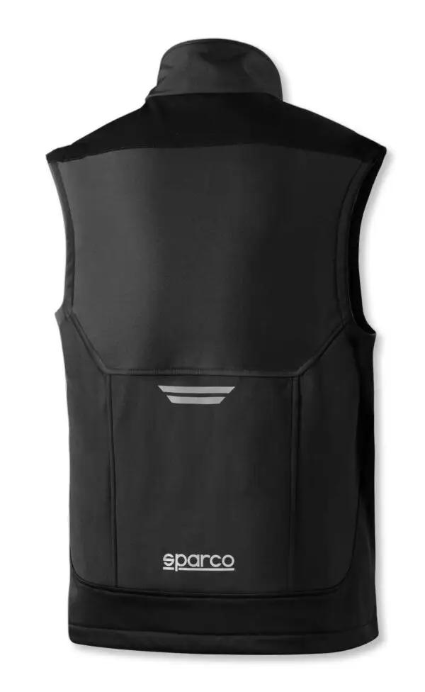 Retro del Gilet Tecnico Sparco Illinois nero con design ergonomico, dettagli riflettenti e logo Sparco visibile in basso.
