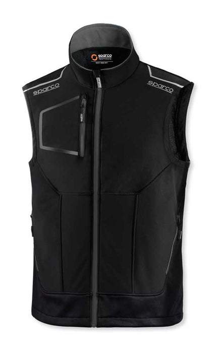 Gilet tecnico Sparco in nylon e spandex nero con tasca frontale, riflettori per alta visibilità, senza maniche, ideale per ambienti di lavoro sicuri.