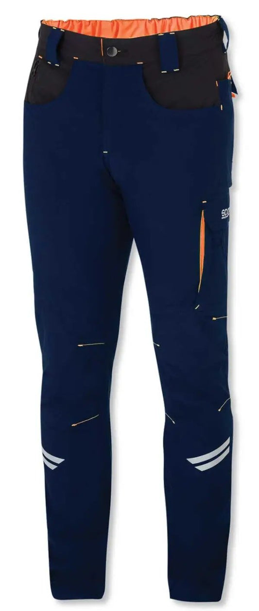 Pantaloni tecnici Sparco Kansas Blu/Arancio con inserti di rinforzo, design leggero e resistente, conformi agli standard EN ISO 13688:2022.