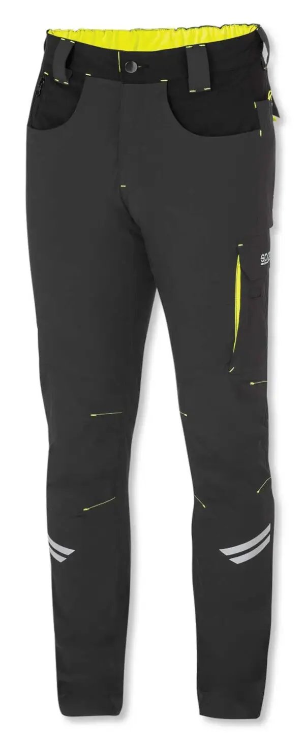 Pantaloni tecnici Sparco Kansas Grigio/Giallo con tessuto resistente, inserti di rinforzo sulle ginocchia e dettagli riflettenti. Ideali per lavori intensivi.
