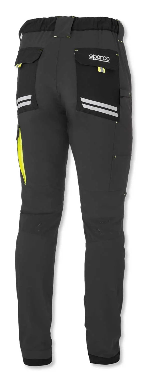 Retro dei pantaloni tecnici Sparco Kansas Grigio/Giallo con tasche funzionali, dettagli riflettenti e rinforzi per maggiore durabilità. Perfetti per uso professionale.