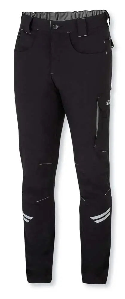 Pantaloni da lavoro tecnici neri Sparco con rinforzi, tessuto leggero, vita elasticizzata, tasche con zip, ideali per attività professionali.