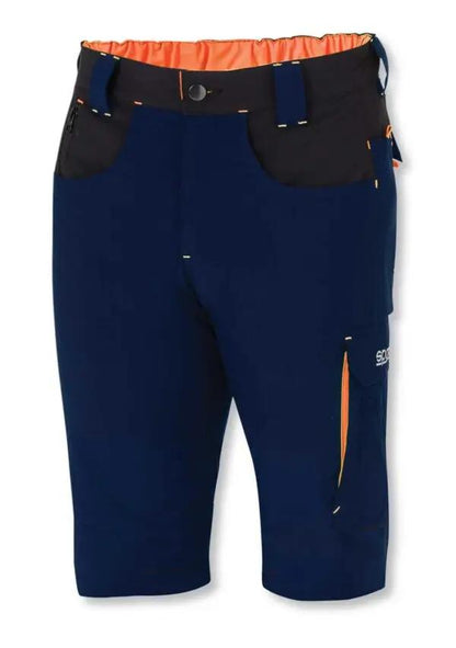 Bermuda Sparco Laredo blu scuro con dettagli arancioni, tessuto tecnico leggero, tasche funzionali e cintura elastica regolabile.