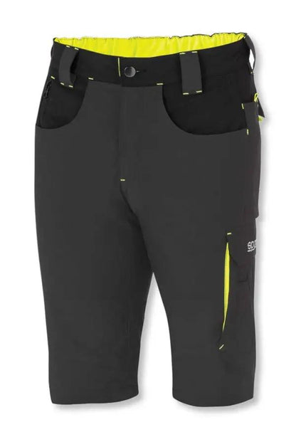 Bermuda Sparco Laredo in tessuto tecnico leggero nero con dettagli giallo fluo, tasche multiple e zip, ideale per attività professionali.