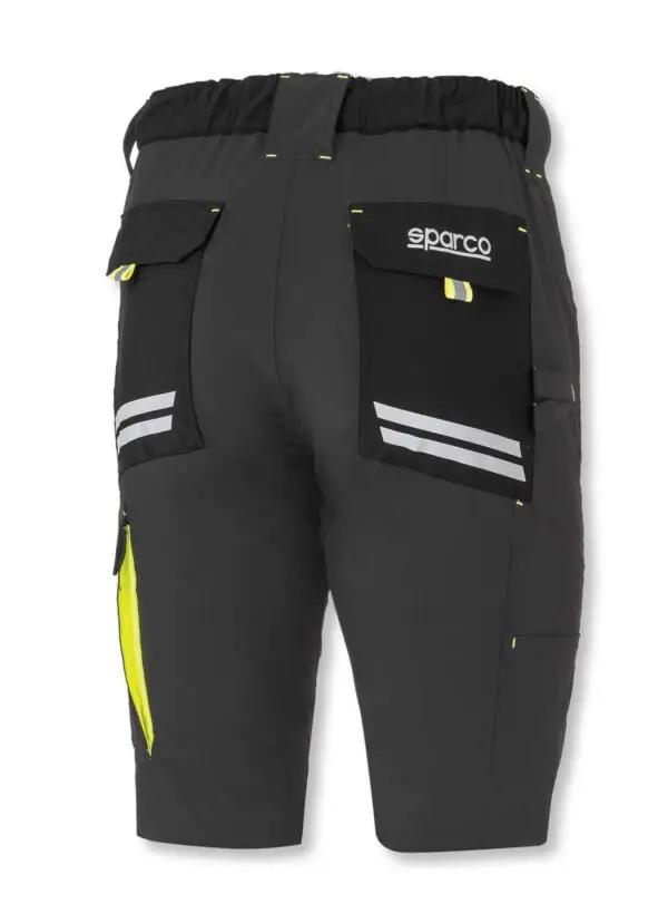 Retro del Bermuda Sparco Laredo nero con dettagli giallo fluo, tasche posteriori con dettagli riflettenti e design ergonomico.