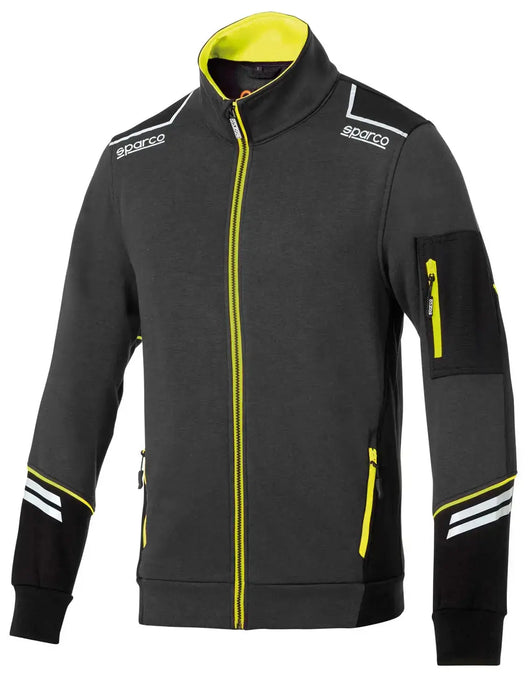 Felpa tecnica da lavoro in tessuto nero con inserti riflettenti gialli, zip frontale, tasche laterali e dettagli sulle spalle e braccia, ideale per uso racing e protezione