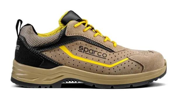 Scarpa Antinfortunistica S1P Colton Sparco beige con dettagli gialli e logo Sparco. Ideale per ambienti di lavoro grazie alla sua resistenza e stile.