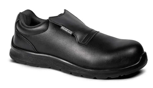 Scarpe antinfortunistiche nere in pelle con suola antiscivolo, chiusura a velcro, ideali per ambienti di lavoro sicuri e resistenti - SKU: SP/COSY-35