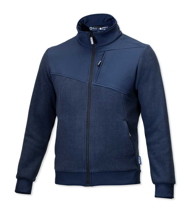 Felpa tecnica in tessuto blu navy con zip frontale, collo alto, taschino e dettagli in tessuto tecnico, ideale per attività outdoor e lavoro.