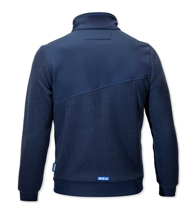 Retro della felpa in tessuto blu navy con dettagli in tessuto tecnico, collo alto e logo Sparco sul fondo, perfetta per ambienti freddi.
