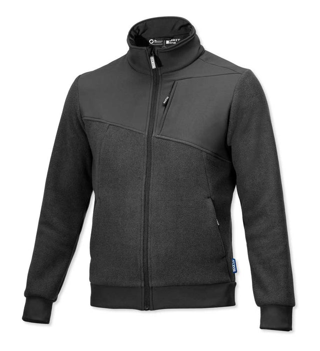 Felpa tecnica da lavoro in tessuto nero e grigio con collo alto, zip frontale, tasche e polsini elasticizzati, marchio Sparco sul retro