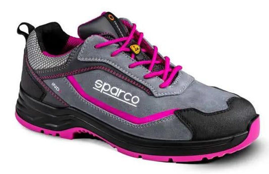 Scarpa antinfortunistica da lavoro S3 Danica Sparco per donna in pelle scamosciata grigia con dettagli fucsia, suola antiscivolo ergonomica.