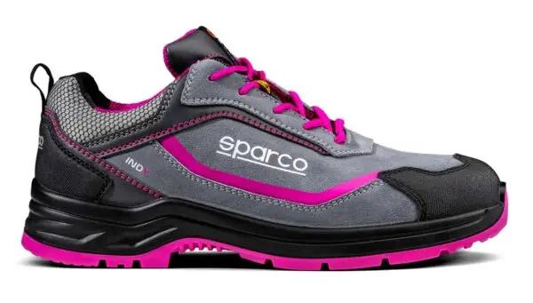 Scarpa antinfortunistica S3 Danica Sparco per donna, design sportivo grigio e fucsia, tomaia resistente e suola antiscivolo robusta.