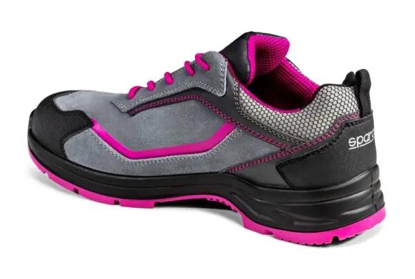 Vista laterale della scarpa antinfortunistica S3 Danica Sparco per donna, con dettagli fucsia e struttura ergonomica per il massimo comfort.
