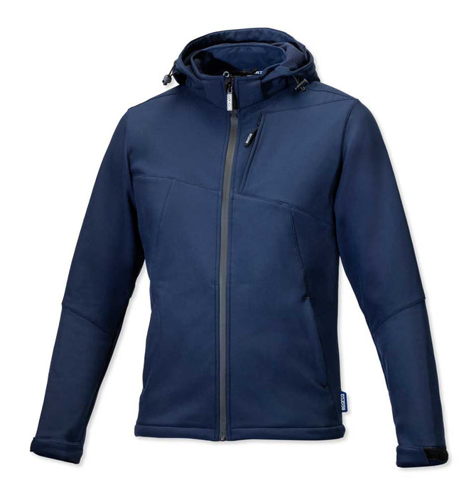 Giacca SoftShell Elias blu navy con cappuccio regolabile, tessuto tecnico, chiusura frontale con zip, ideale per lavoro all'aperto, SKU: SP/ELIAS-B-S