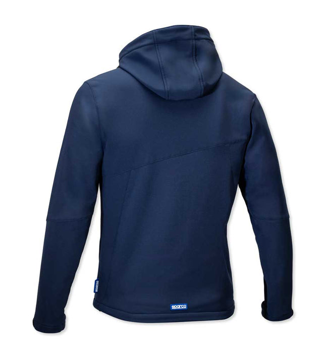 Retro della giacca SoftShell Elias blu navy con cappuccio, design ergonomico, tessuto resistente, perfetta per attività professionali, SKU: SP/ELIAS-B-S