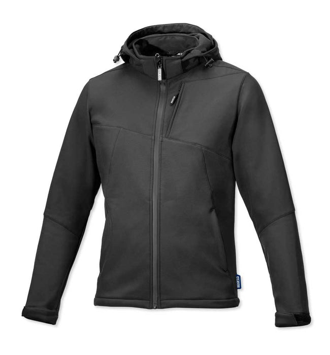 Giacca SoftShell professionale in nero con cappuccio removibile, realizzata in ripstop, con zip frontale e tasche, ideale per lavoro