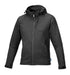 Giacca SoftShell professionale in nero con cappuccio removibile, realizzata in ripstop, con zip frontale e tasche, ideale per lavoro