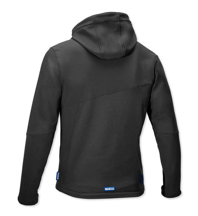 Retro della giacca SoftShell in nero con cappuccio removibile, design ergonomico e materiali resistenti, perfetta per attività lavorative