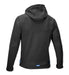 Retro della giacca SoftShell in nero con cappuccio removibile, design ergonomico e materiali resistenti, perfetta per attività lavorative