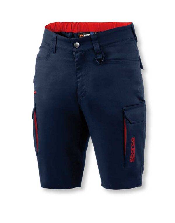 Bermuda Sparco Hawaii Blu in cotone e poliestere, con tasche laterali e dettagli rossi. Disponibile in taglie S-2XL, certificato EN ISO 13688:2022.