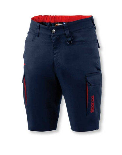 Bermuda Sparco Hawaii Blu in cotone e poliestere, con tasche laterali e dettagli rossi. Disponibile in taglie S-2XL, certificato EN ISO 13688:2022.