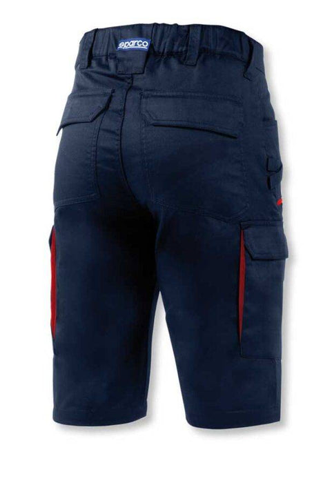 Retro del Pantalone Sparco Vermont Blu, con dettagli rossi e tasche posteriori. Bermuda certificato EN ISO 13688:2022, taglie S-2XL.
