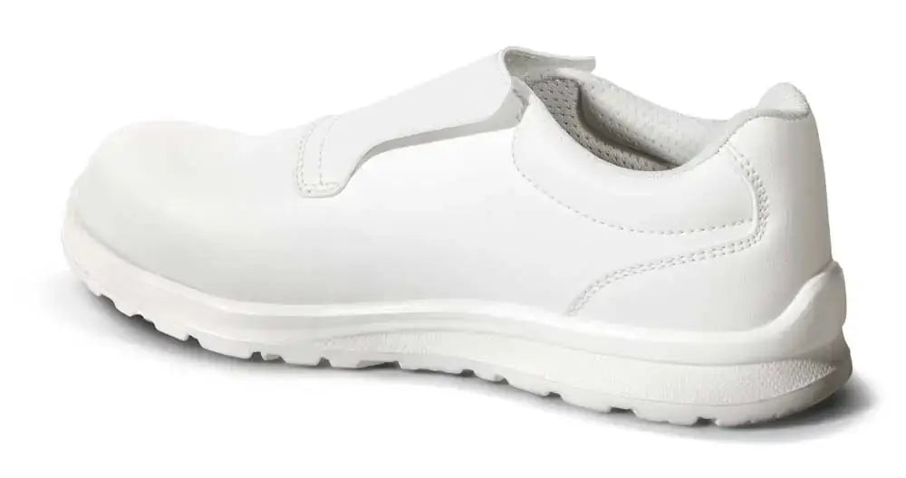 Vista laterale di scarpa tecnica da guida e sicurezza bianca, con tomaia in materiale resistente, suola antiscivolo, SKU: SP/HOMY-35