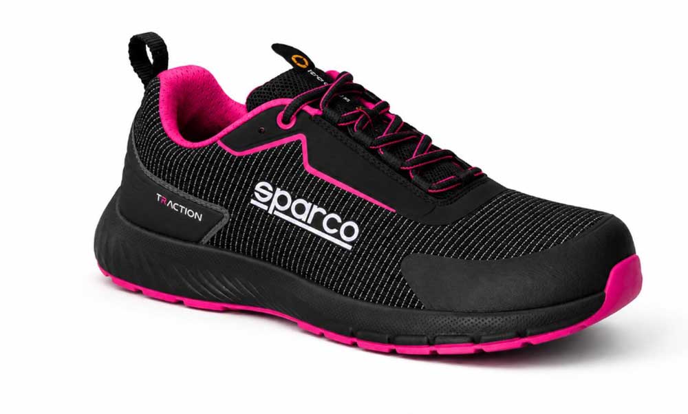 Scarpa da lavoro antistatica Sparco Juliet S1P in tessuto nero con dettagli rosa, suola antiscivolo e protezione antiperforazione, calzatura uomo