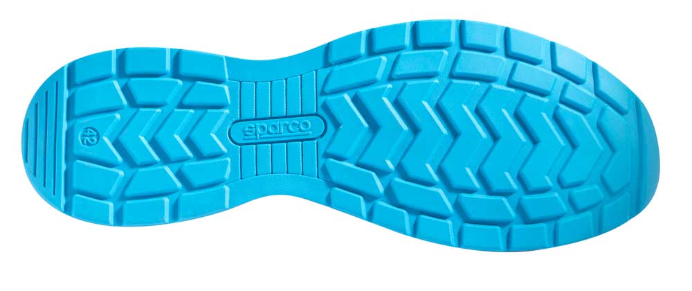 Suola della scarpa antinfortunistica Sparco Kamui S3 in materiale antiscivolo blu con motivo a tasselli, resistente e sicura per il lavoro