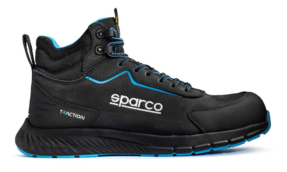 Lato della scarpa antinfortunistica Sparco Kamui S3 in nubuck nero con logo Sparco e dettagli blu, suola resistente e interno imbottito blu