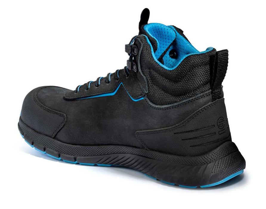 Retro della scarpa antinfortunistica Sparco Kamui S3 in nubuck nero con supporto resistente e dettagli blu, con suola antiscivolo blu