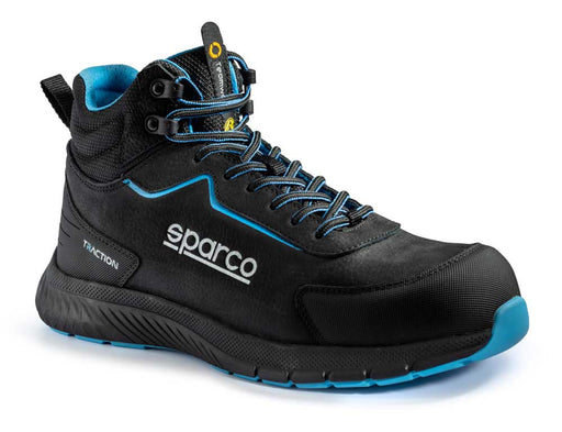 Scarpa antinfortunistica Sparco Kamui S3 in nubuck nero con dettagli blu, suola antiscivolo e interno imbottito blu, ideale per ambienti di lavoro