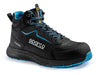 Scarpa antinfortunistica Sparco Kamui S3 in nubuck nero con dettagli blu, suola antiscivolo e interno imbottito blu, ideale per ambienti di lavoro