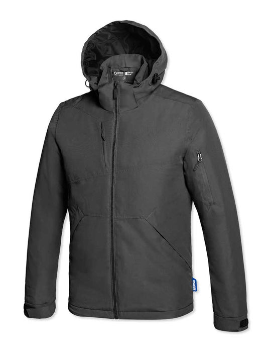 Giubotto Sparco Nebo in tessuto nero con cappuccio staccabile, tasche frontali e zip centrale, ideale per lavoro in clima variabile, SKU: SP/NEBO-G-S